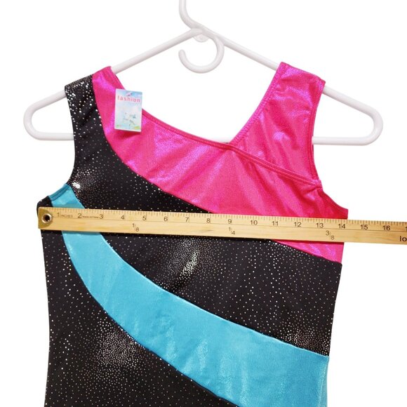 Girls Shiny Gymnastics Tank Leotard With Pink Black & Blue Panels Size 14-15 - Picture 6 of 6